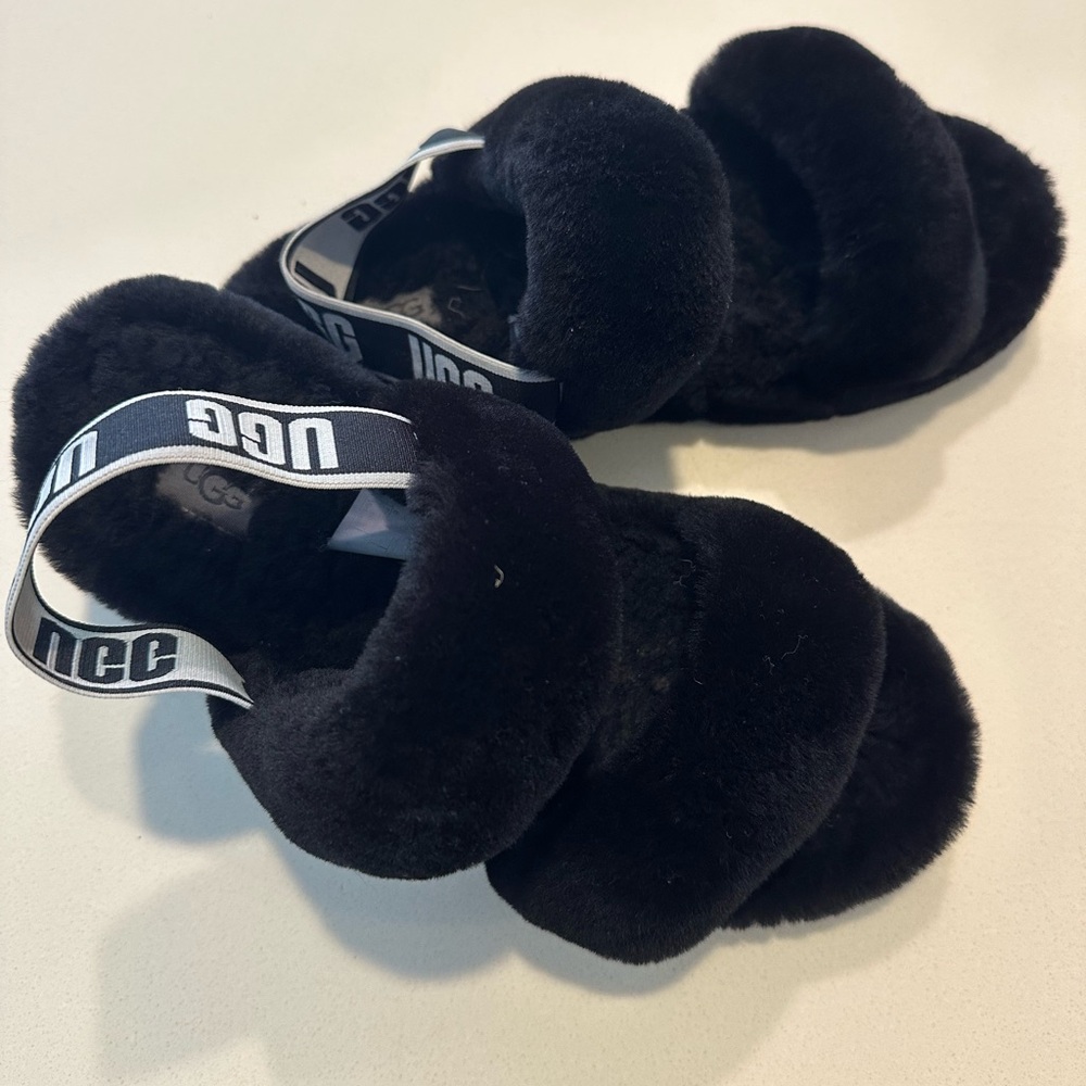 UGG Oh Yea Black Fuzzy Sandals